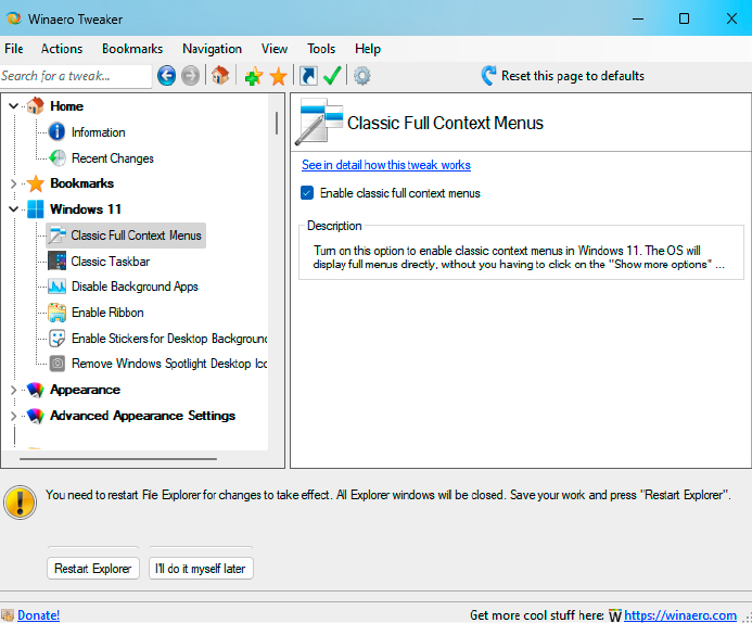 Das Kontextmenü von Windows 11 erfordert einen zusätzlichen Klick, wenn man alles sehen will. Mit Winaereo Tweaker lässt sich das ändern.
