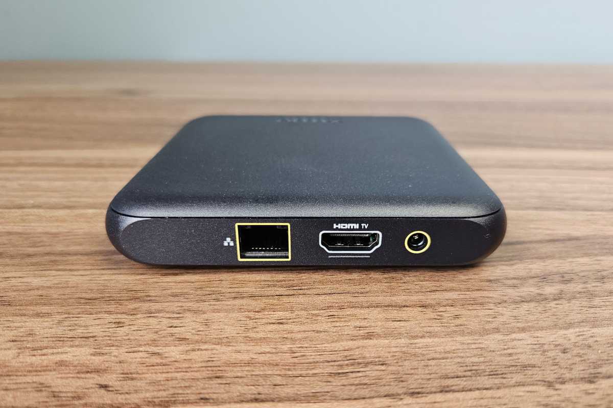 Xumo box rear view showing Ethernet, HDMI, and power