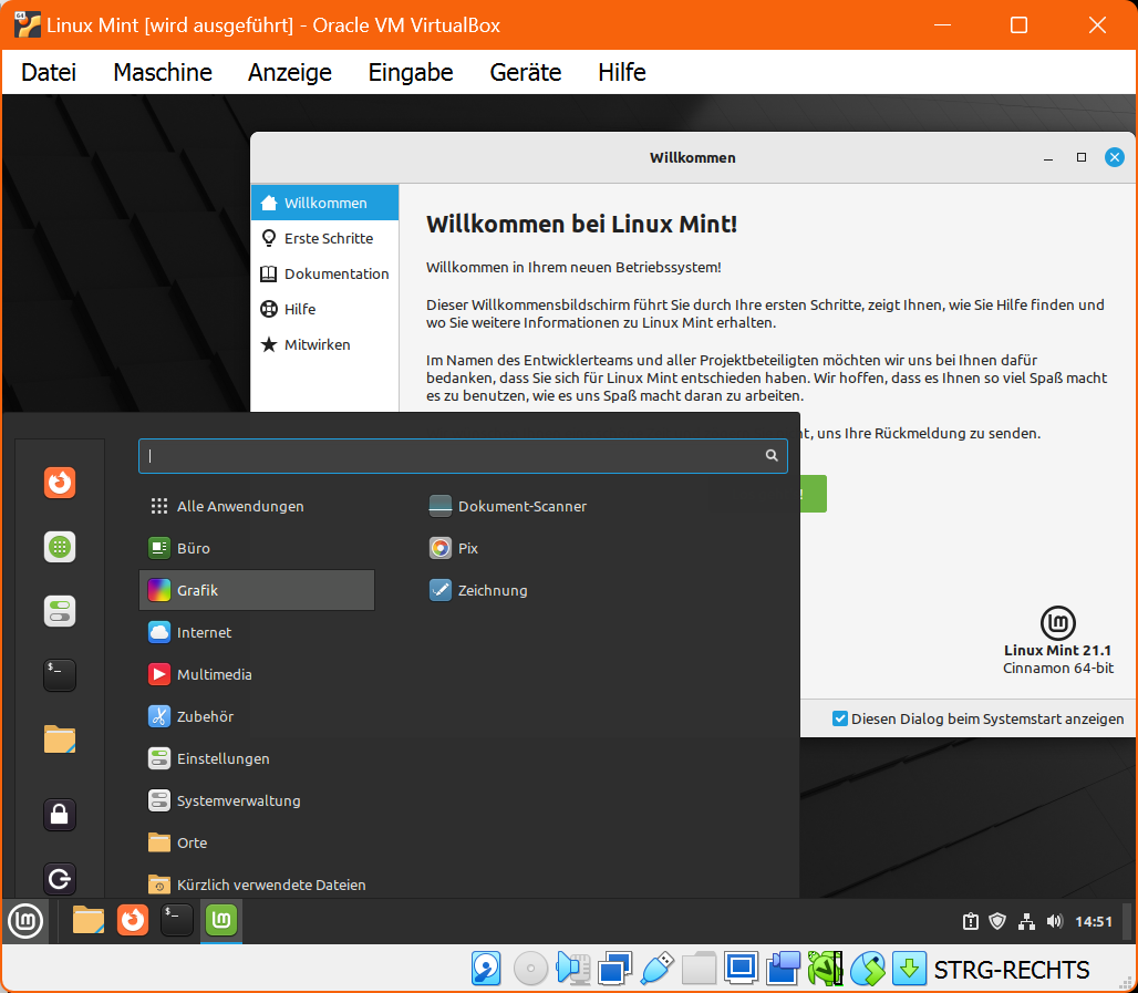 Virtueller PC: Egal ob Live-System oder Installation – Linux Mint läuft in einer isolierten Virtualbox-Systemumgebung.