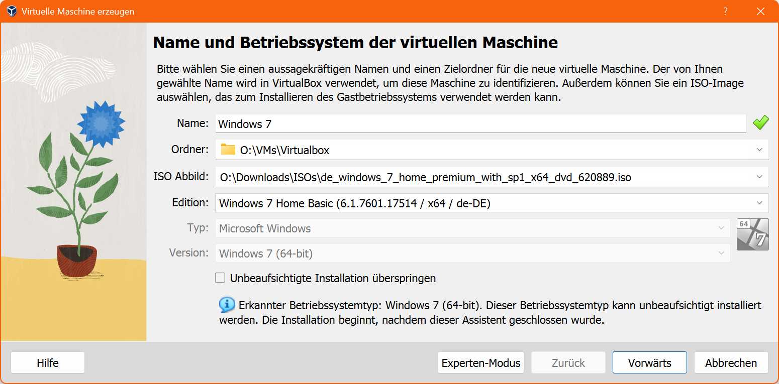 In Virtualbox wird Windows 7 als Gastsystem weiterhin unterstützt – und das sogar für die unbeaufsichtigte Installation. Sie benötigen lediglich einen Setupdatenträger oder eine ISO-Datei.