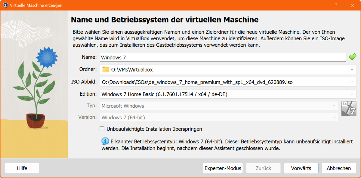 In Virtualbox wird Windows 7 als Gastsystem weiterhin unterstützt – und das sogar für die unbeaufsichtigte Installation. Sie benötigen lediglich einen Setupdatenträger oder eine ISO-Datei.