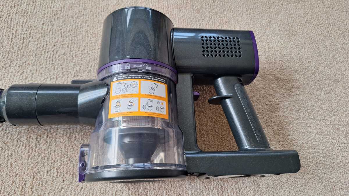 A view of the Vac Tidy Blitz V8 Pro Cordless Vacuum Cleaner dust bin and handle