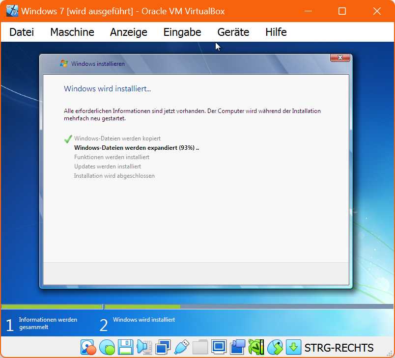 Die Installation von Windows 7 im virtuellen Gastsystem läuft schnell und weitgehend ohne Nutzereingaben ab – ganz im Unterschied zu Windows 11.