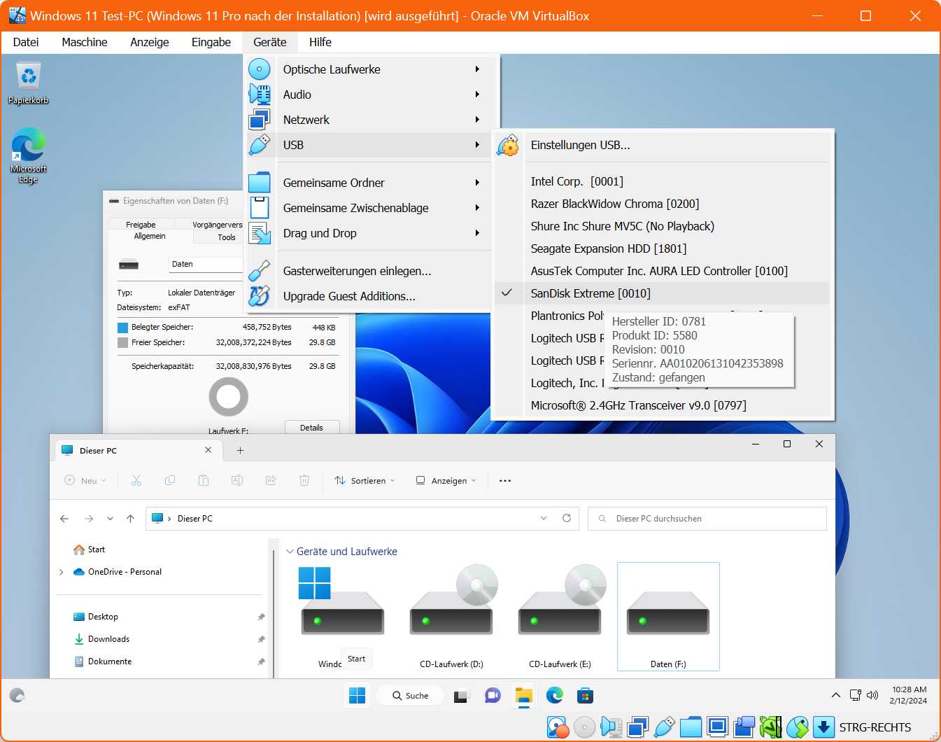 Sämtliche USB-Geräte, die am Host-PC angeschlossen sind, lassen sich auch in einer virtuellen Maschine mit Windows und Linux nutzen. So wird die VM fast zu einem vollwertigen PC.
