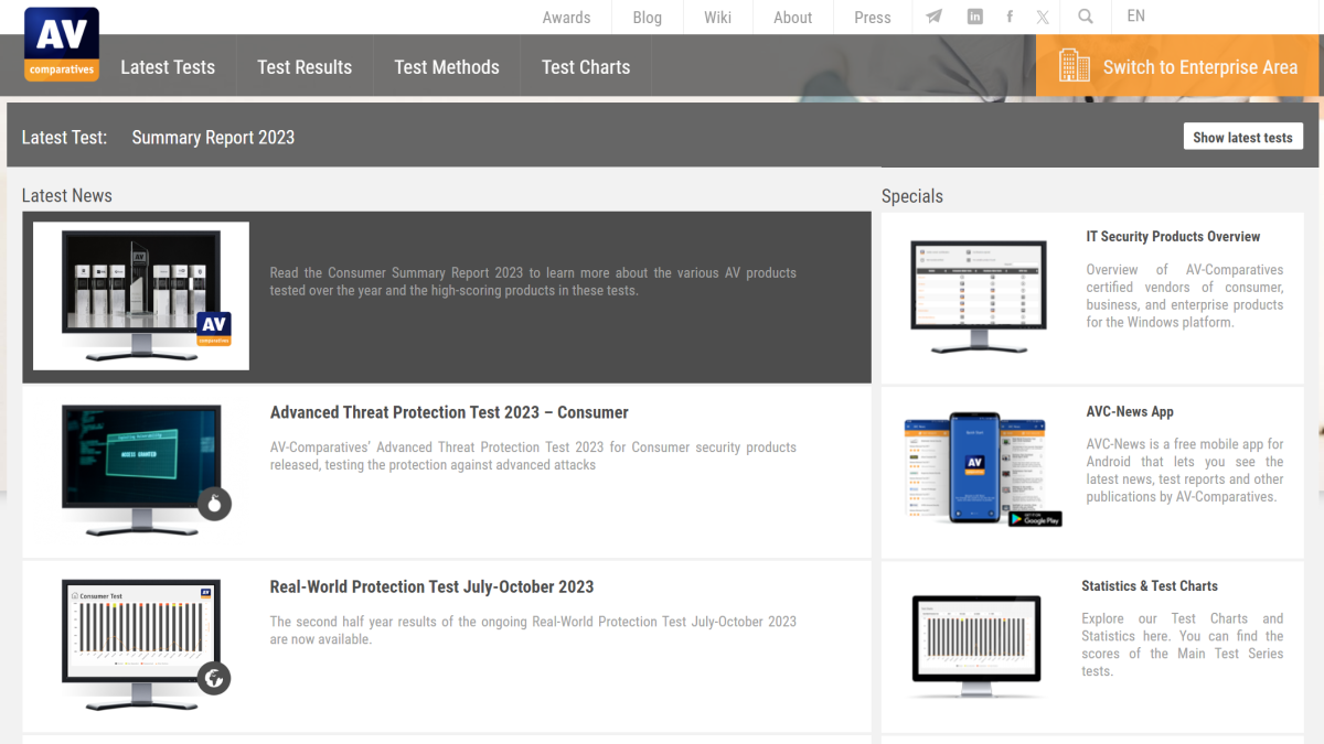 Captura de pantalla del sitio web para consumidores de AV-Comparatives