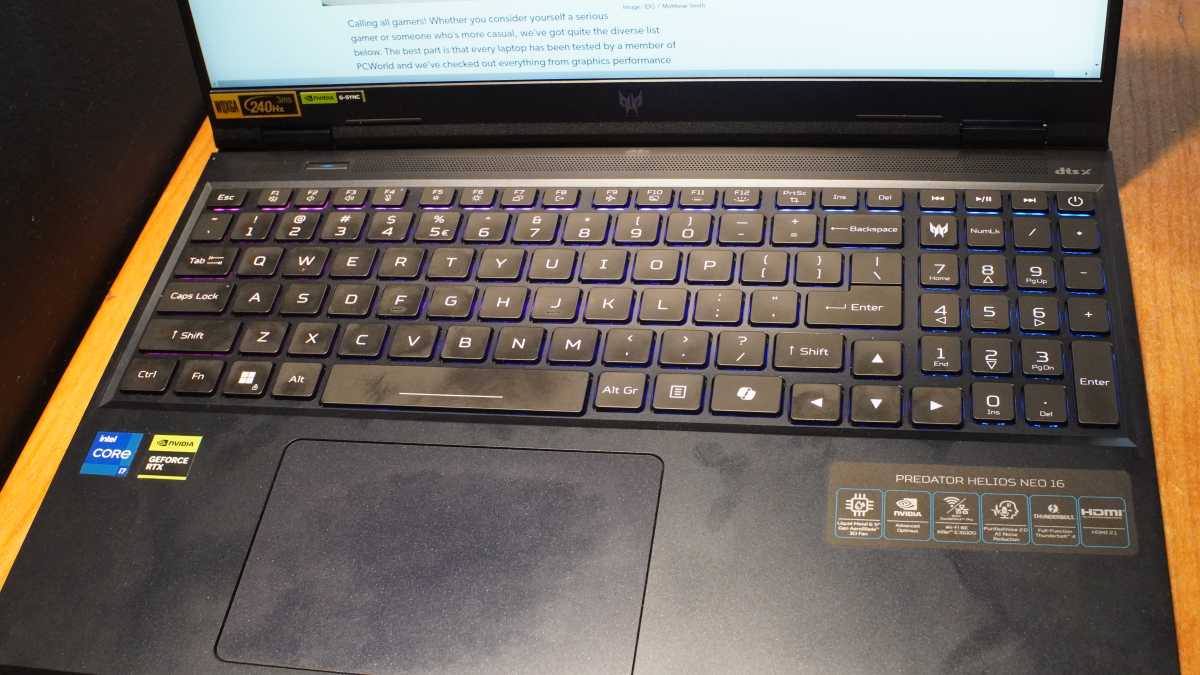 Acer Predator Helios Neo 16 keyboard