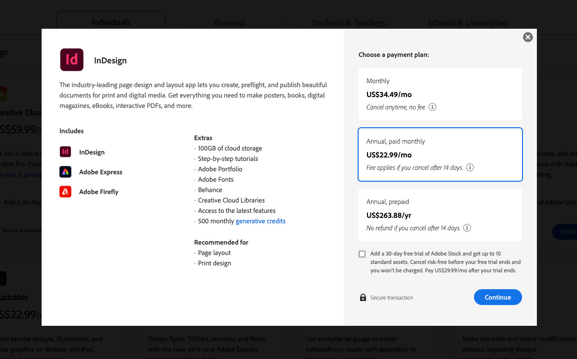 Adobe InDesign payment plans