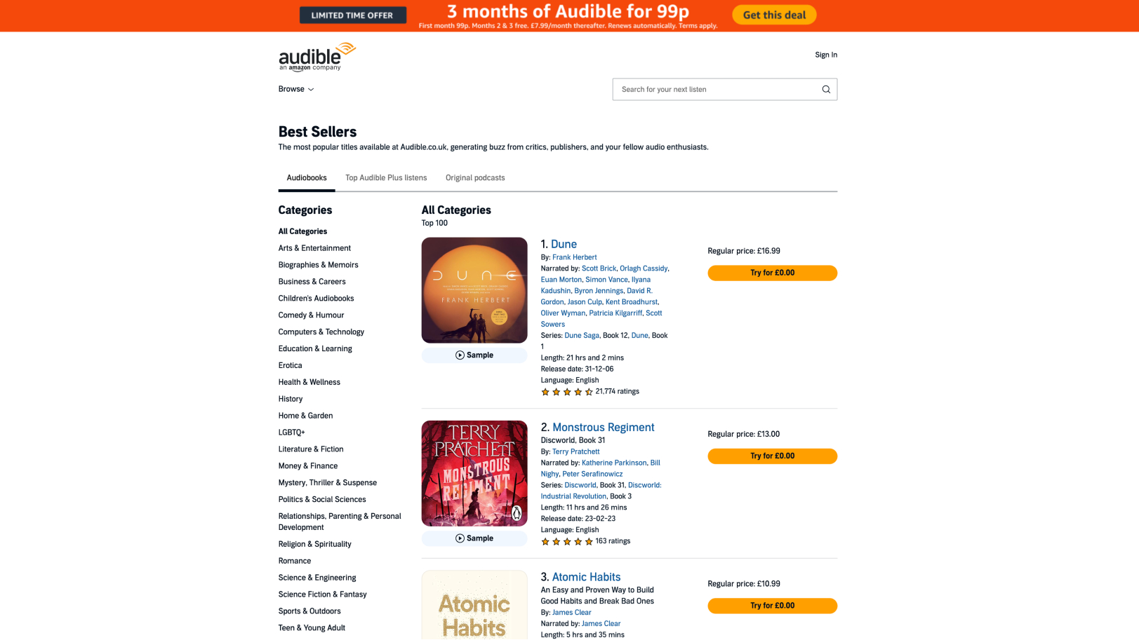 Audible best sellers screenshot