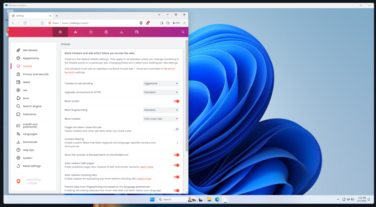 Windows Sandbox Brave configuración paranoia PC