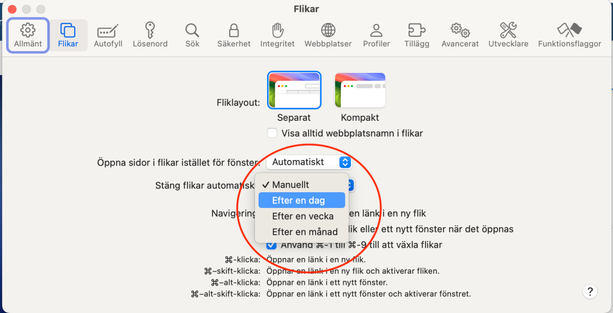 Ställ in automatiskt när flikar ska stängas