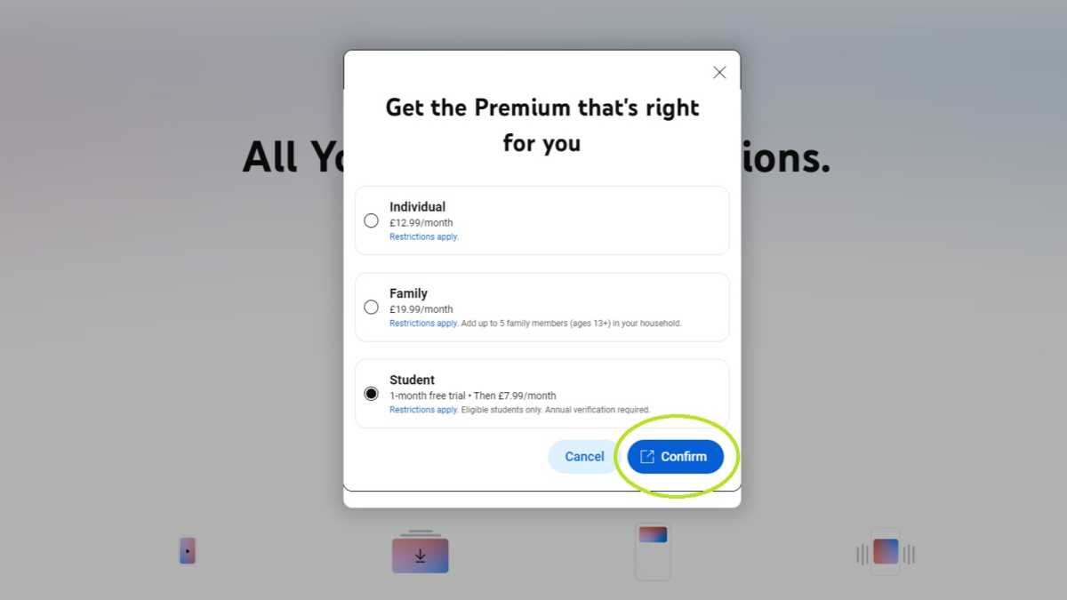 YouTube Premium student plan sign-up page
