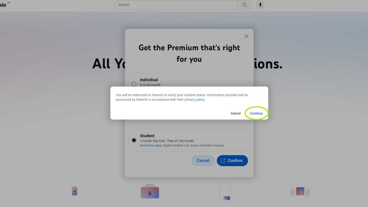 YouTube Premium student plan sign-up page