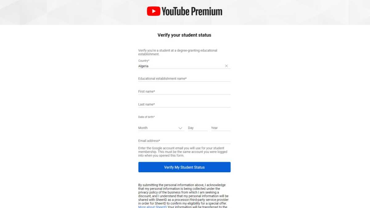 YouTube Premium student plan sign-up page