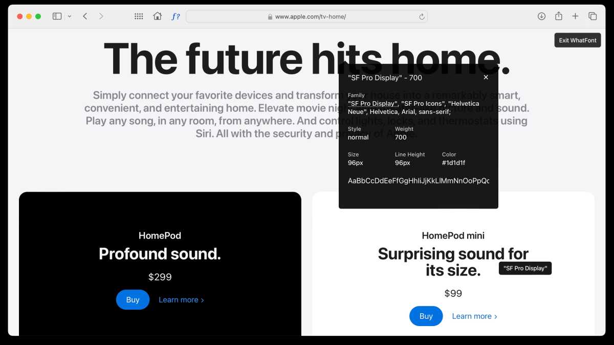 Using the WhatFont Safari extension on Apple.com