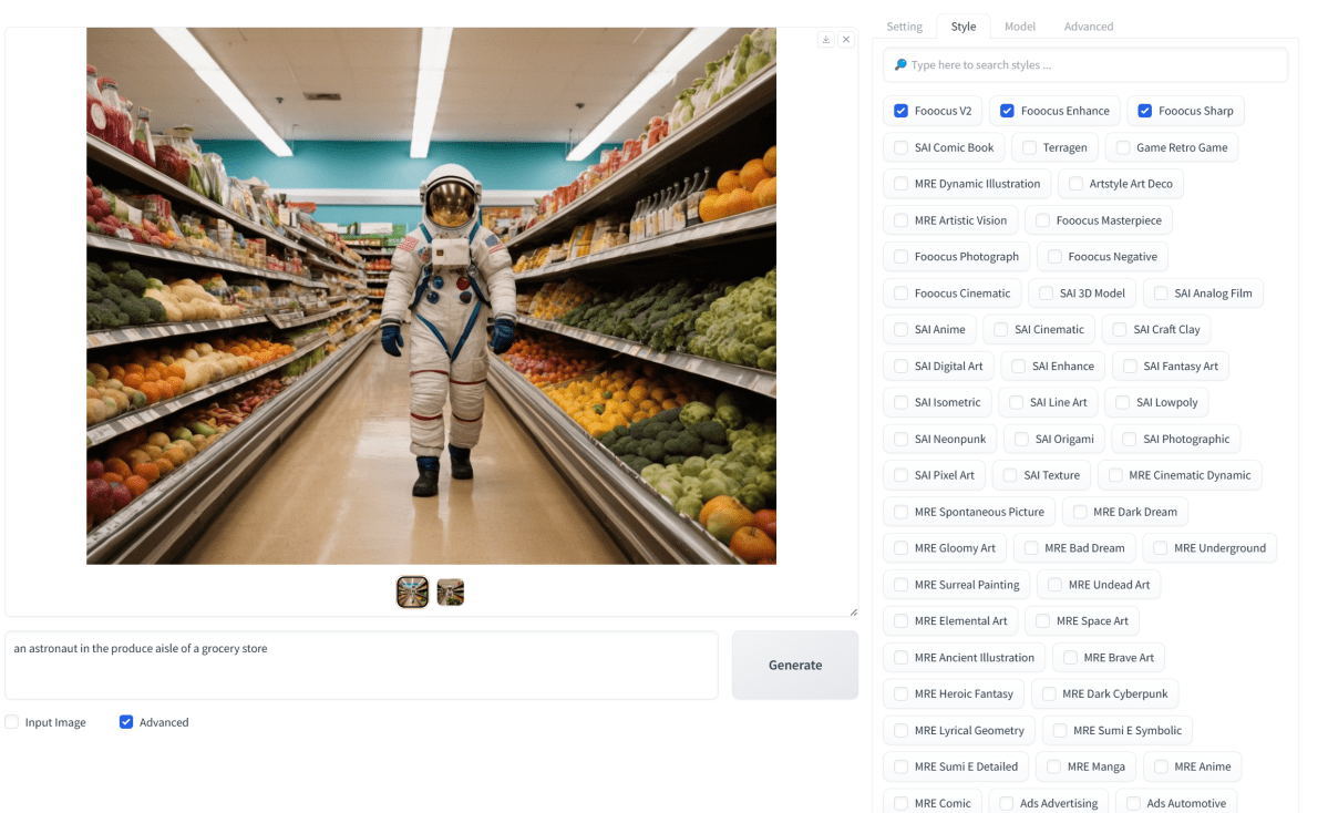 Fooocus astronaut in produce aisle ai art