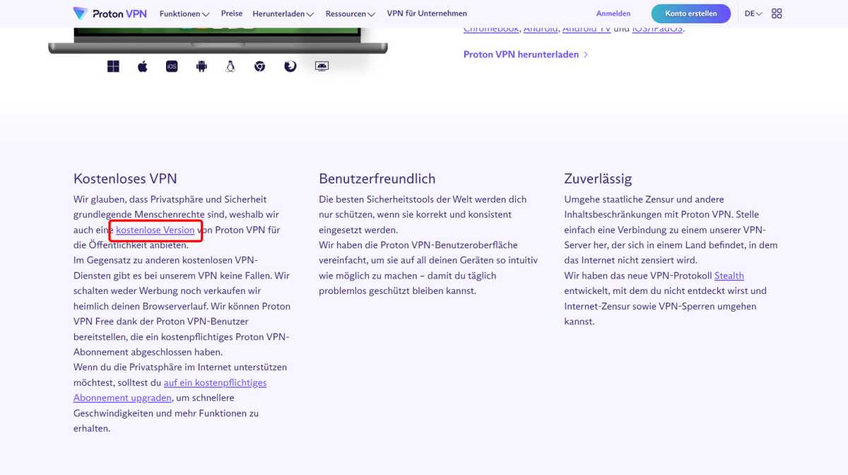 Proton VPN немного скрывает ссылку на бесплатный тариф: ссылку вы найдете, если прокрутите сайт дальше.