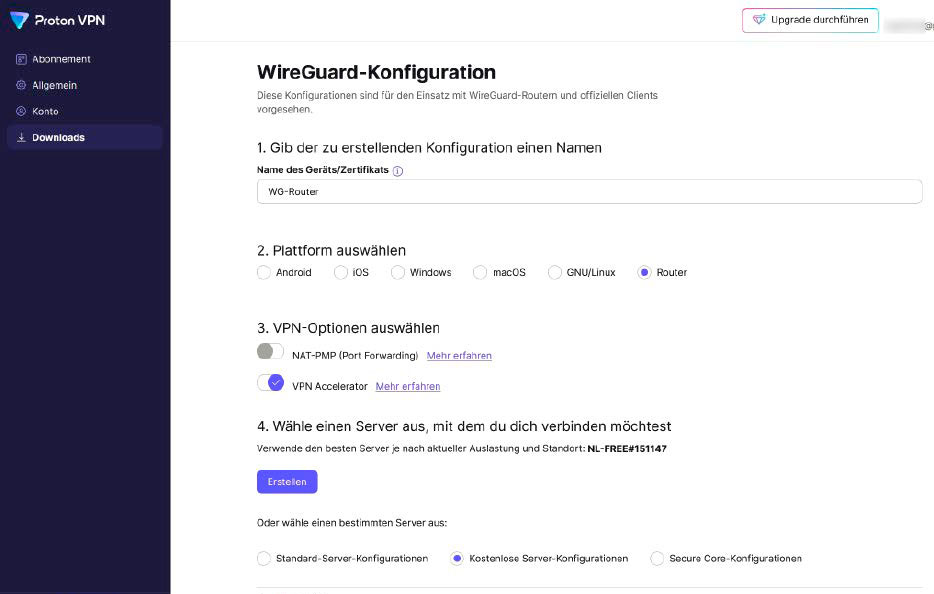 Для настройки Wireguard провайдер рекомендует определенные серверы, которые в настоящее время используются недостаточно. Для этого нажмите на рекомендуемый сервер вверху под 4. и фиолетовую кнопку «Создать».