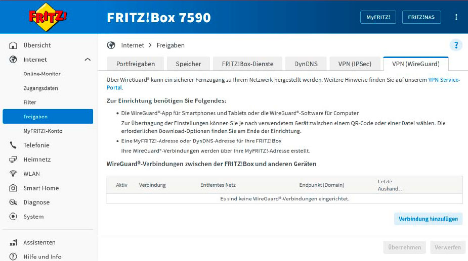 Важно: чтобы Fritzbox можно было использовать в качестве VPN-клиента для соединения Wireguard, в маршрутизаторе не должно быть настроено никаких других VPN-сетей Wireguard.