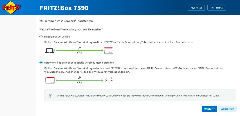 В меню Fritzbox выберите настройку «Соединять сети или создавать специальные подключения». Это превращает маршрутизатор в клиента Wireguard.