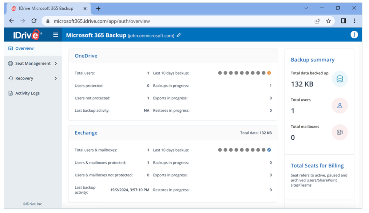 iDrive Microsoft 365 backup storage screenshot