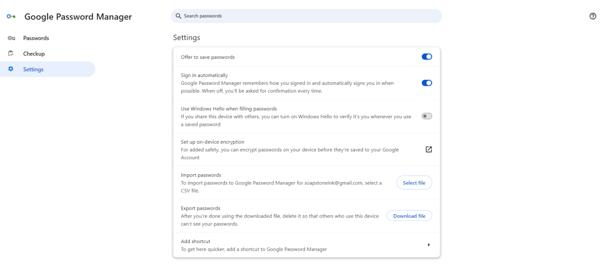 Google Password Manager settings