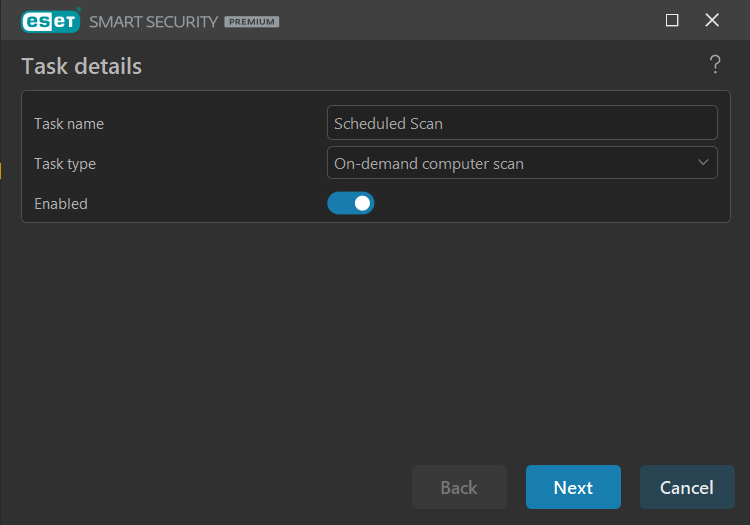 ESET Home Security Premium scheduled scan creation screen (March 2024)