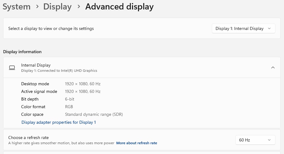 Windows display settings refresh rate 