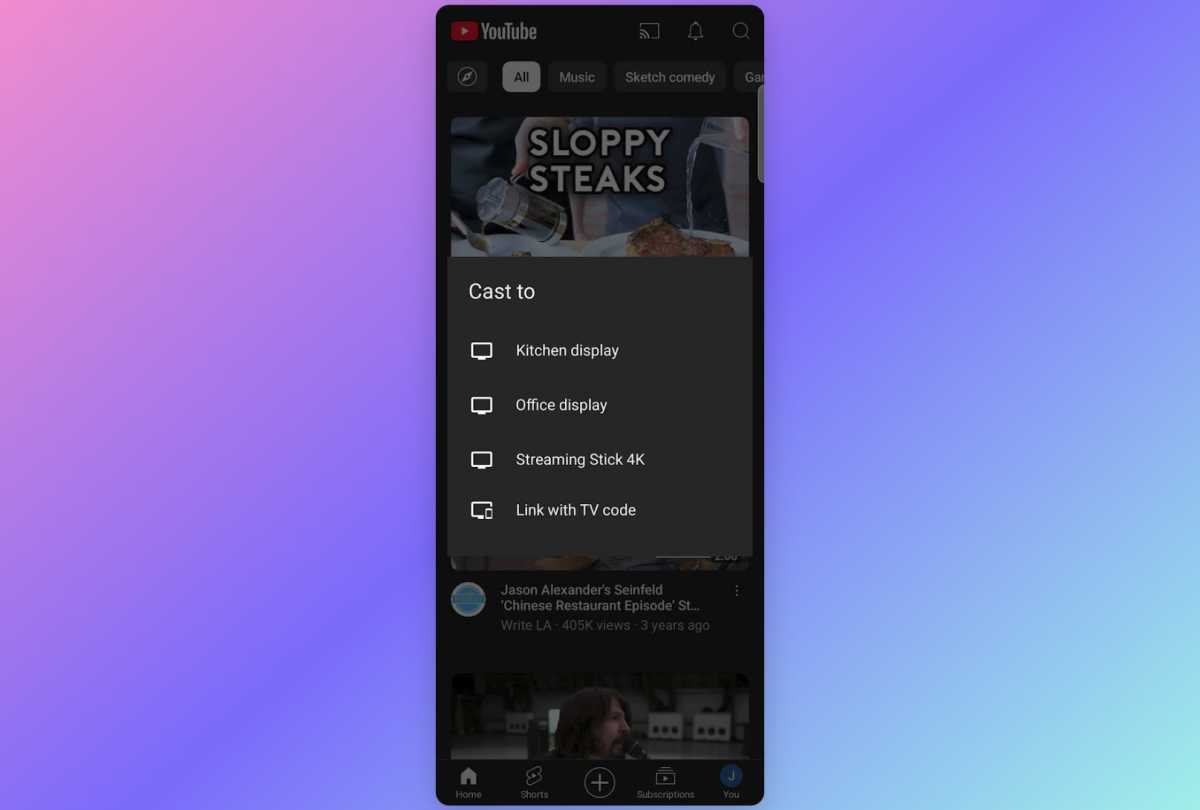 YouTube casting options in the mobile app