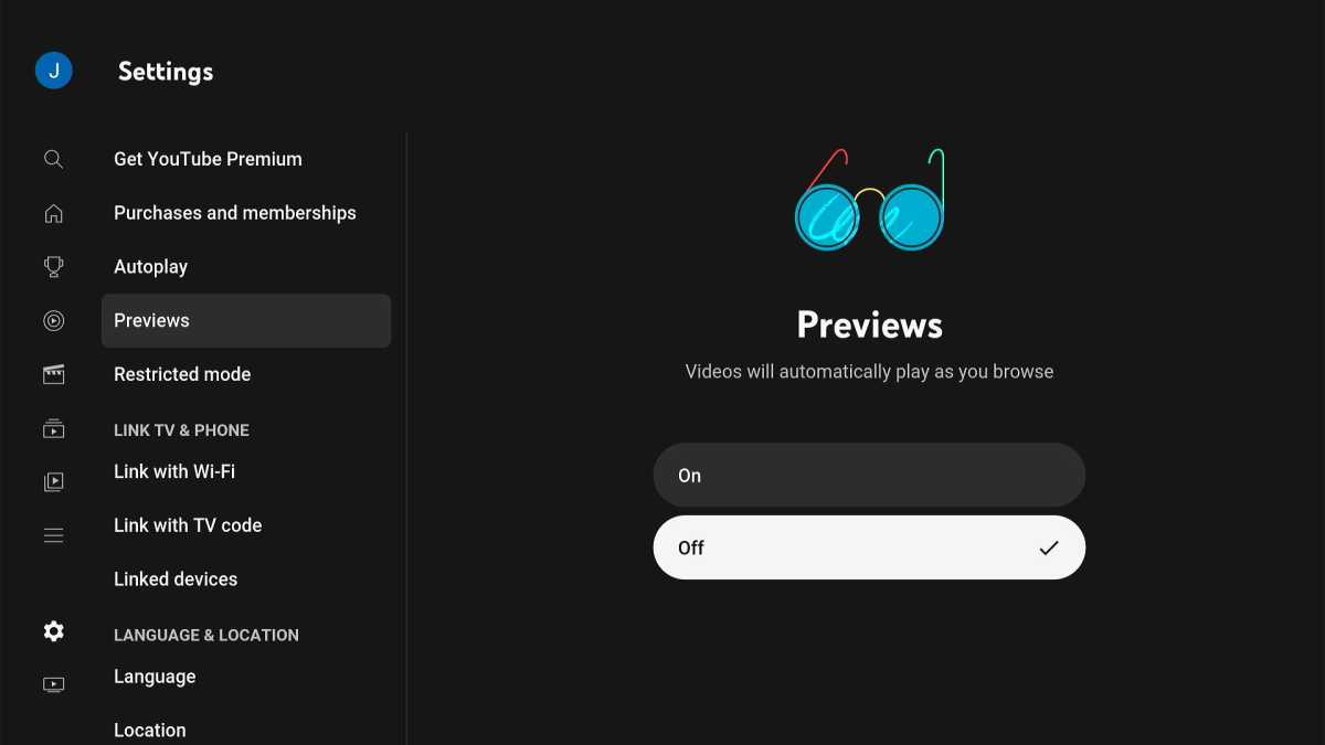 YouTube auto-play Previews setting