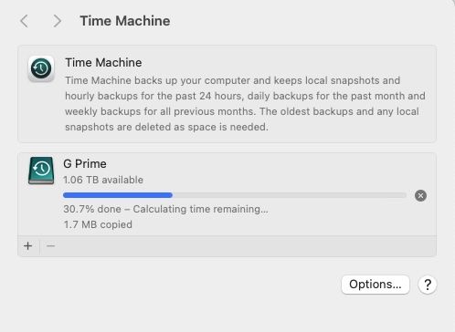 A routine backup with Apple's Time Machine backup software in macOS Sonoma