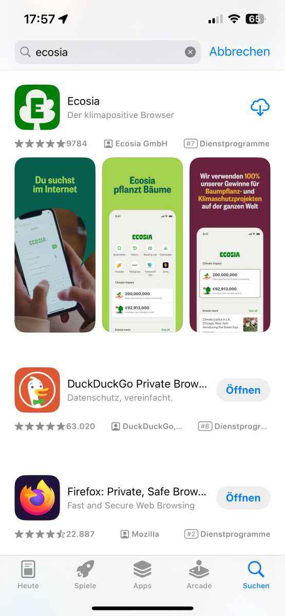 website durchsuchen safari Ecosia Browser iPhone