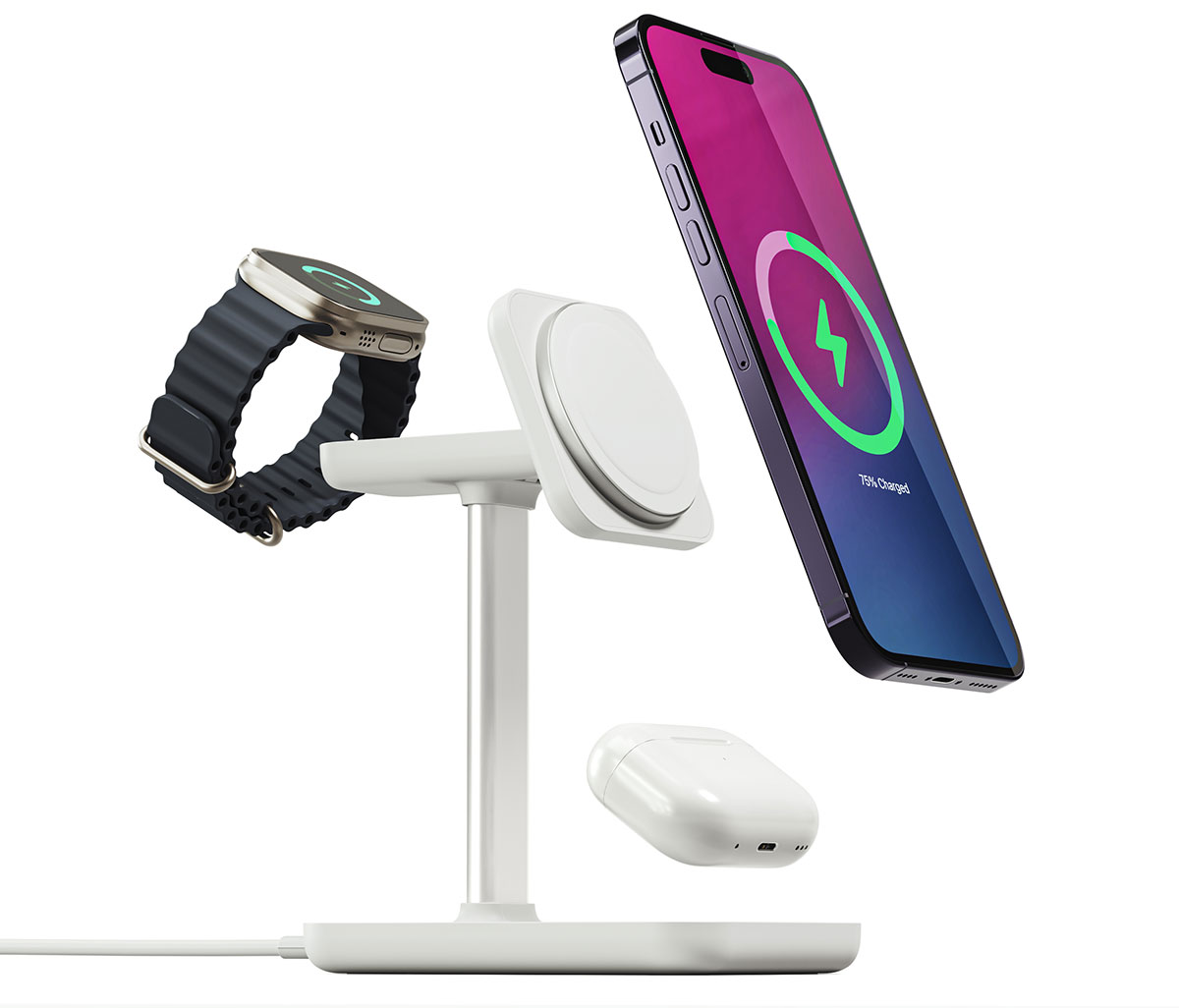 Journey Trio Ultra 3-in-1 Fast Wireless Charging Station – Best white 3-in-1 Apple Watch charging stand