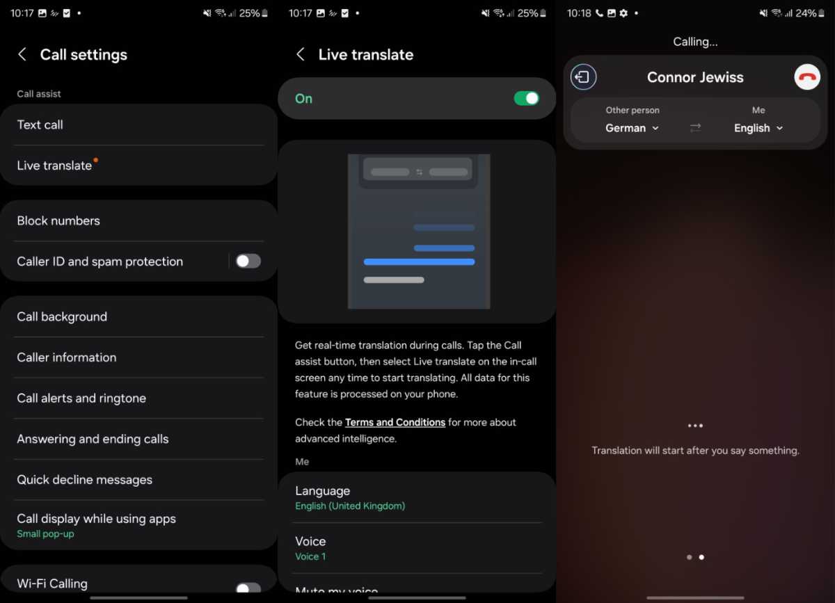 A series of screenshots showing how to use the Live Translate feature on the Samsung Galaxy S24