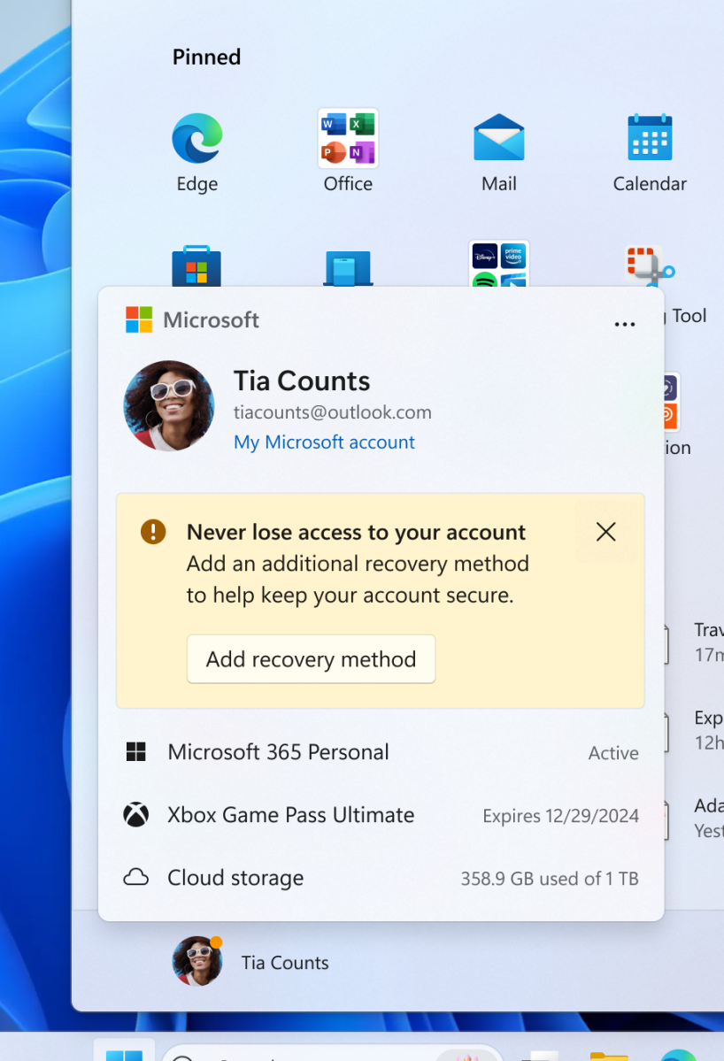 Полная сводка учетной записи в меню настроек Windows 11