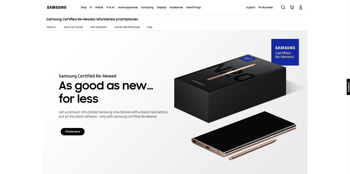 Screenshot of Samsung Certified Re-Newed website