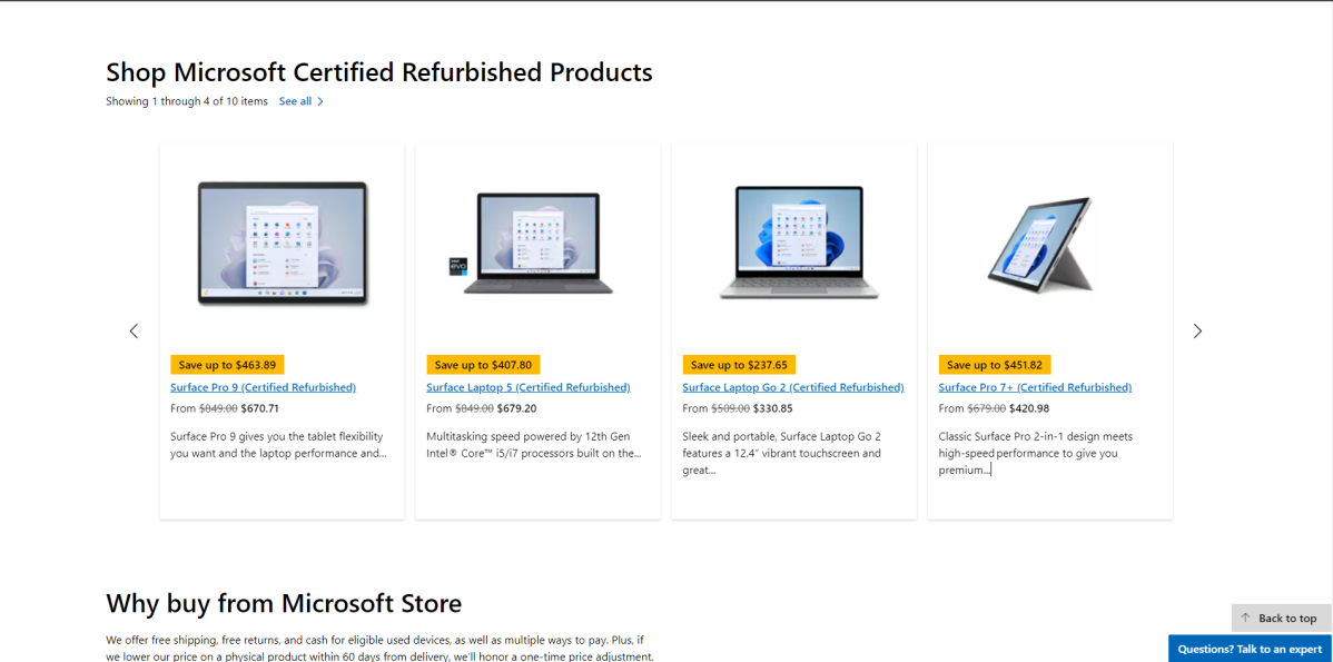 Screenshot of Microsoft Refurbished website