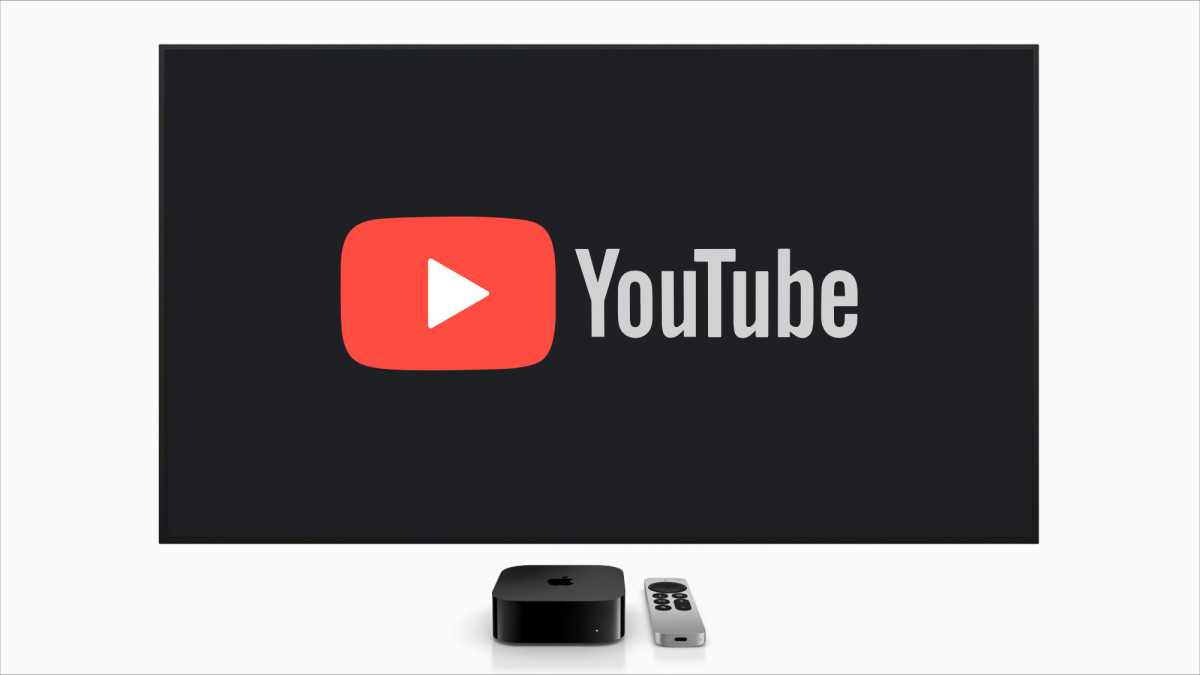 Bildschirm mit YouTube-Logo, darunter ein Apple TV mit Fernbedienung