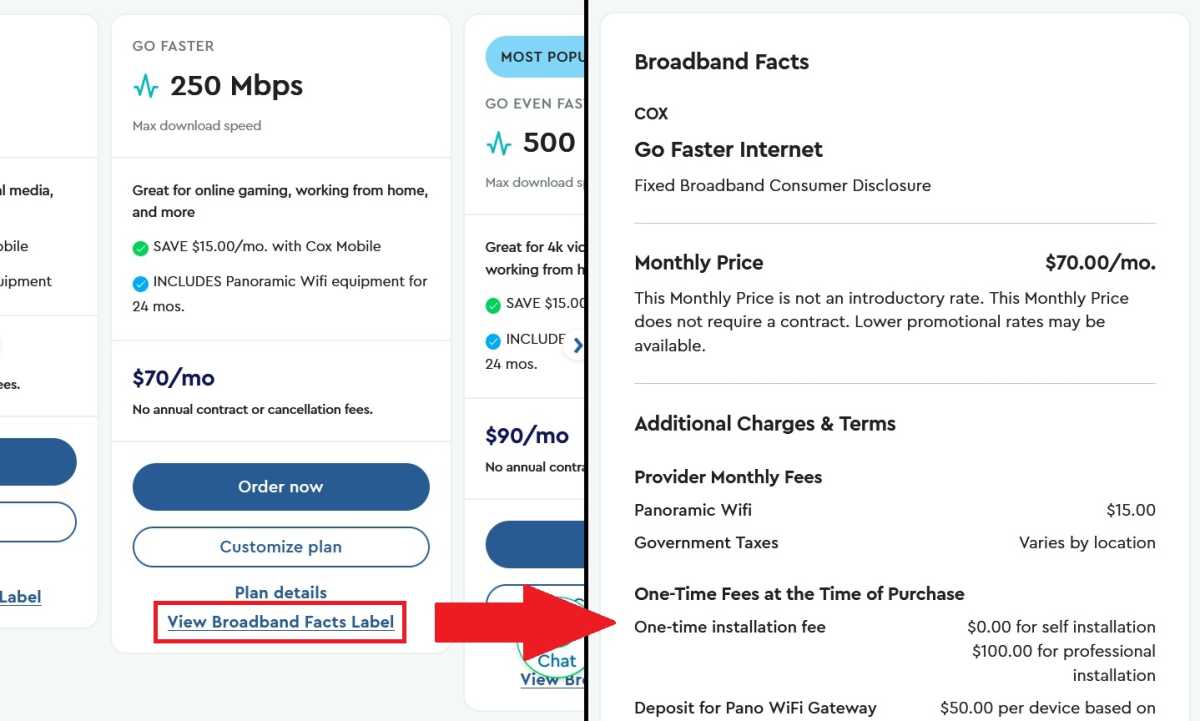 Cox Broadband Facts link and label