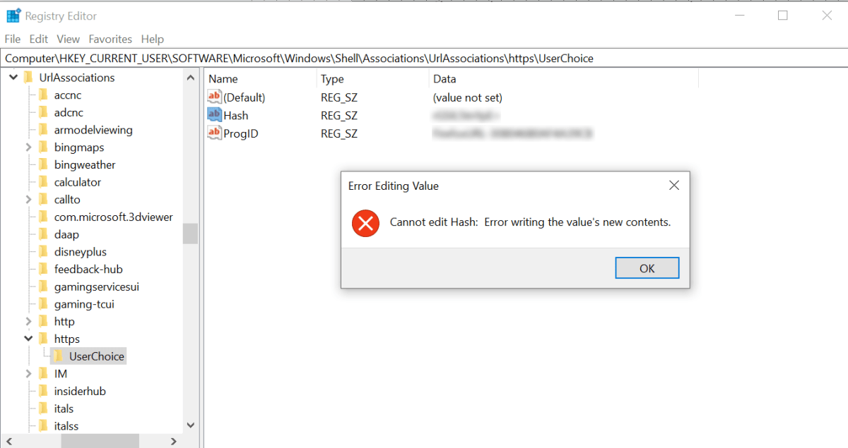 Mensaje de error de Windows después de intentar editar manualmente la entrada del registro para el navegador predeterminado de Windows