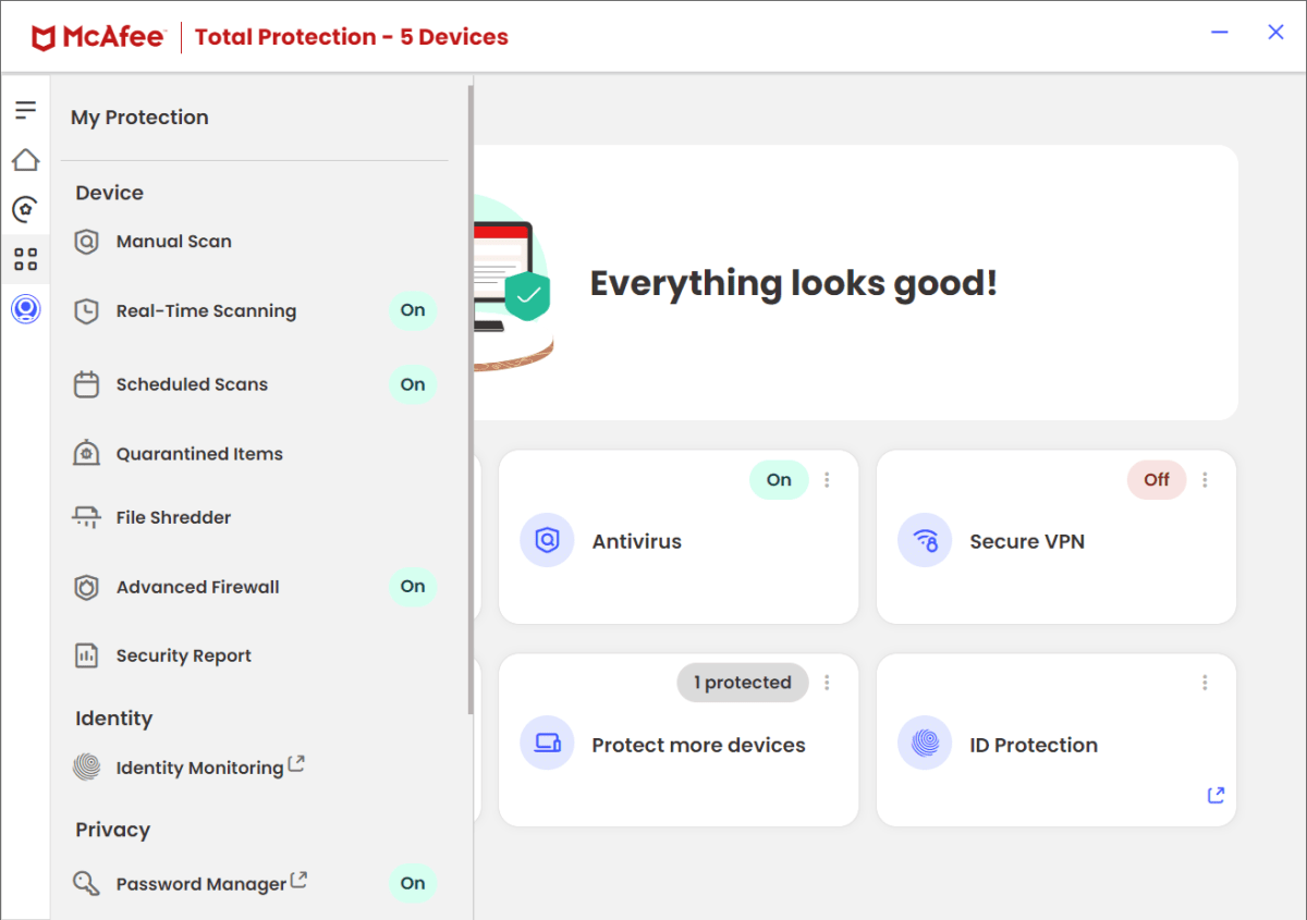 McAfee Total Protection - My Protection submenu overlay (April 2024)