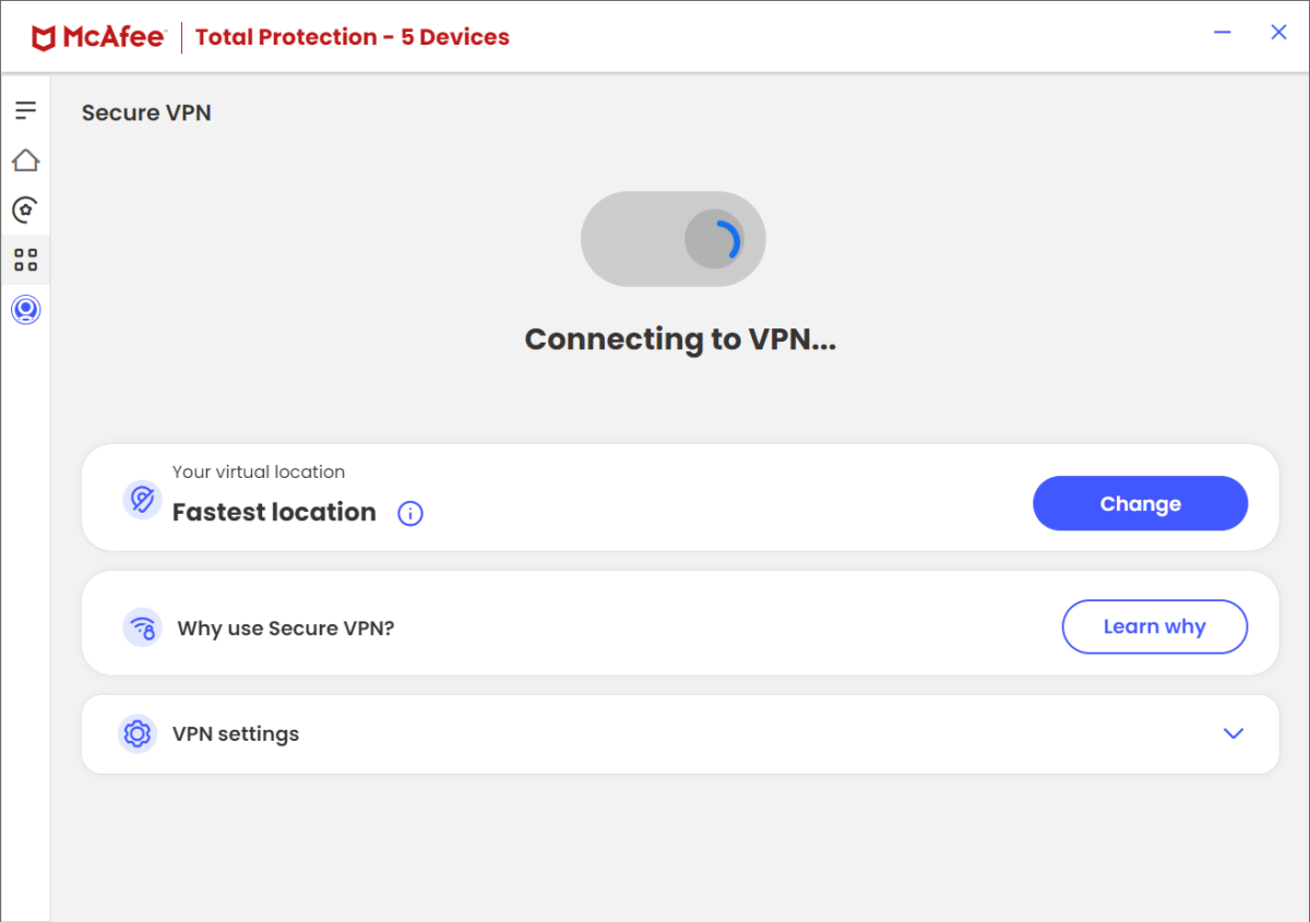 McAfee Total Protection - VPN screen (April 2024)