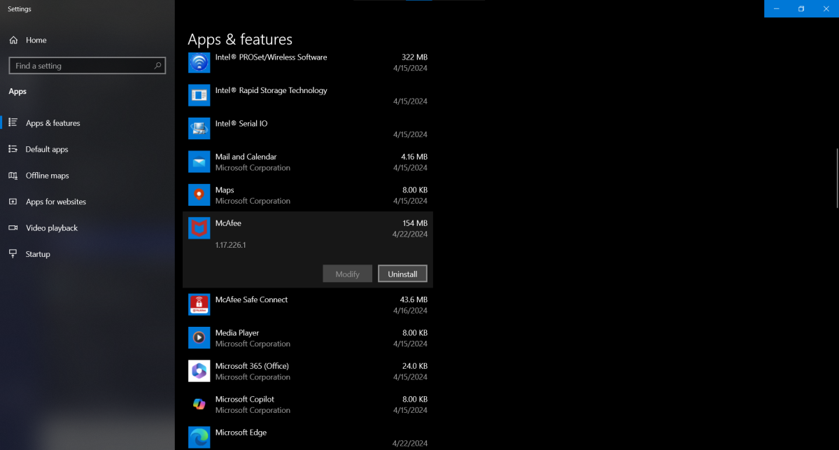 McAfee in the Apps & features list in Windows 10
