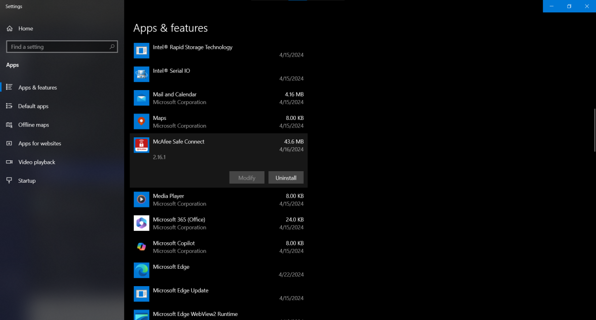 McAfee SafeConnect VPN in the Apps & features list in Windows 10