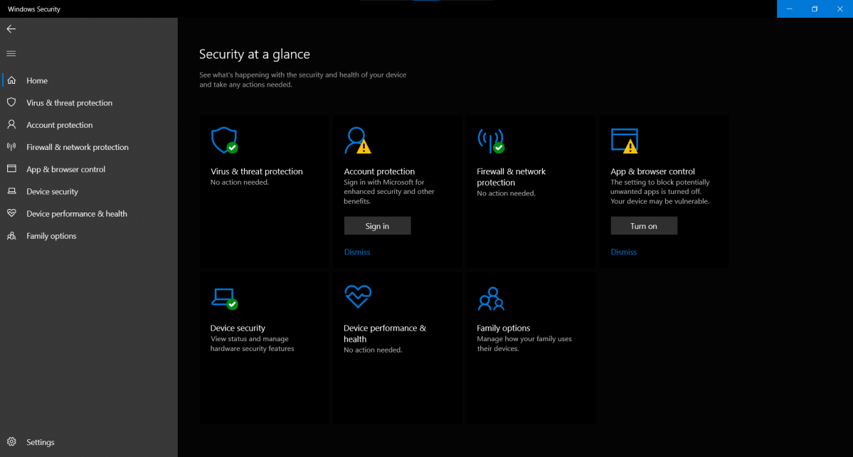 Windows Security app in Windows 10 after McAfee uninstall
