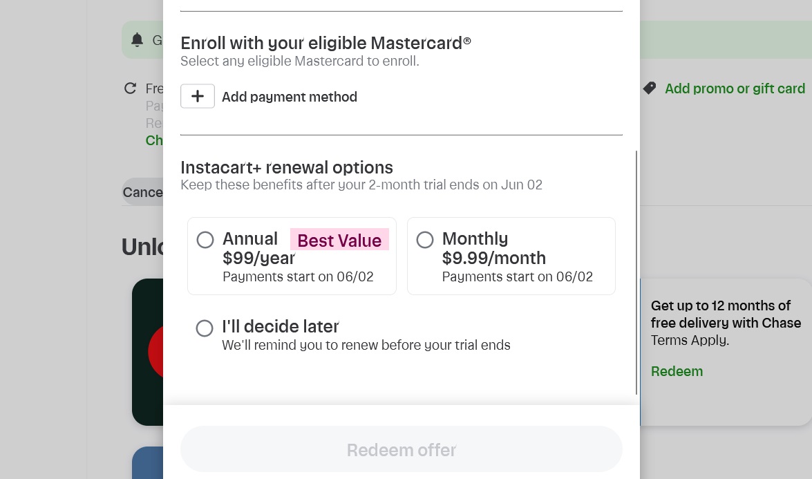 Opciones de renovación de Instacart+