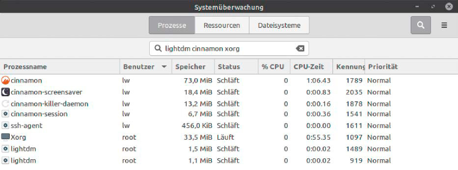 Displayserver, Displaymanager und Desktop: X-Server Xorg und Displaymanager Lightdm laufen (oder schlafen) im root-Kontext, der nachgeordnete Desktop Cinnamon im Benutzerkontext.