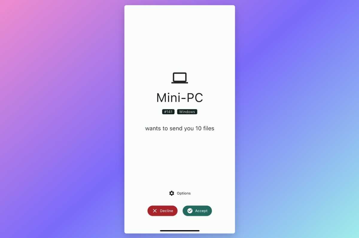 LocalSend confirmation prompt as seen on an iPhone: "Mini-PC wants to send you 10 files"