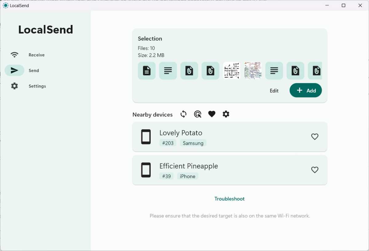 Menú Enviar de LocalSend, que muestra dos dispositivos cercanos, incluido un dispositivo Samsung y un iPhone