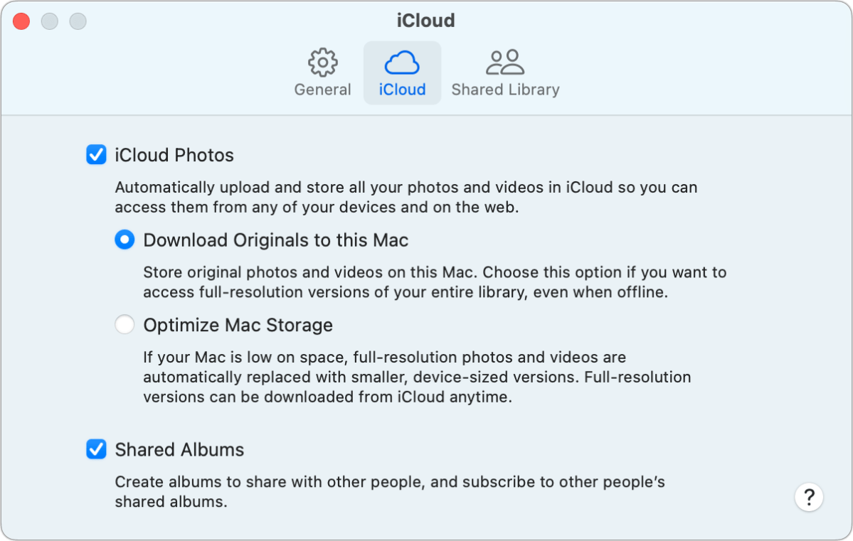 iCloud Photos settings macOS