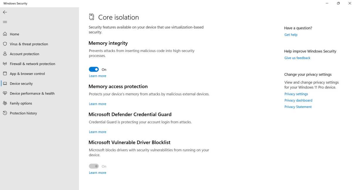 Windows security memory integrity